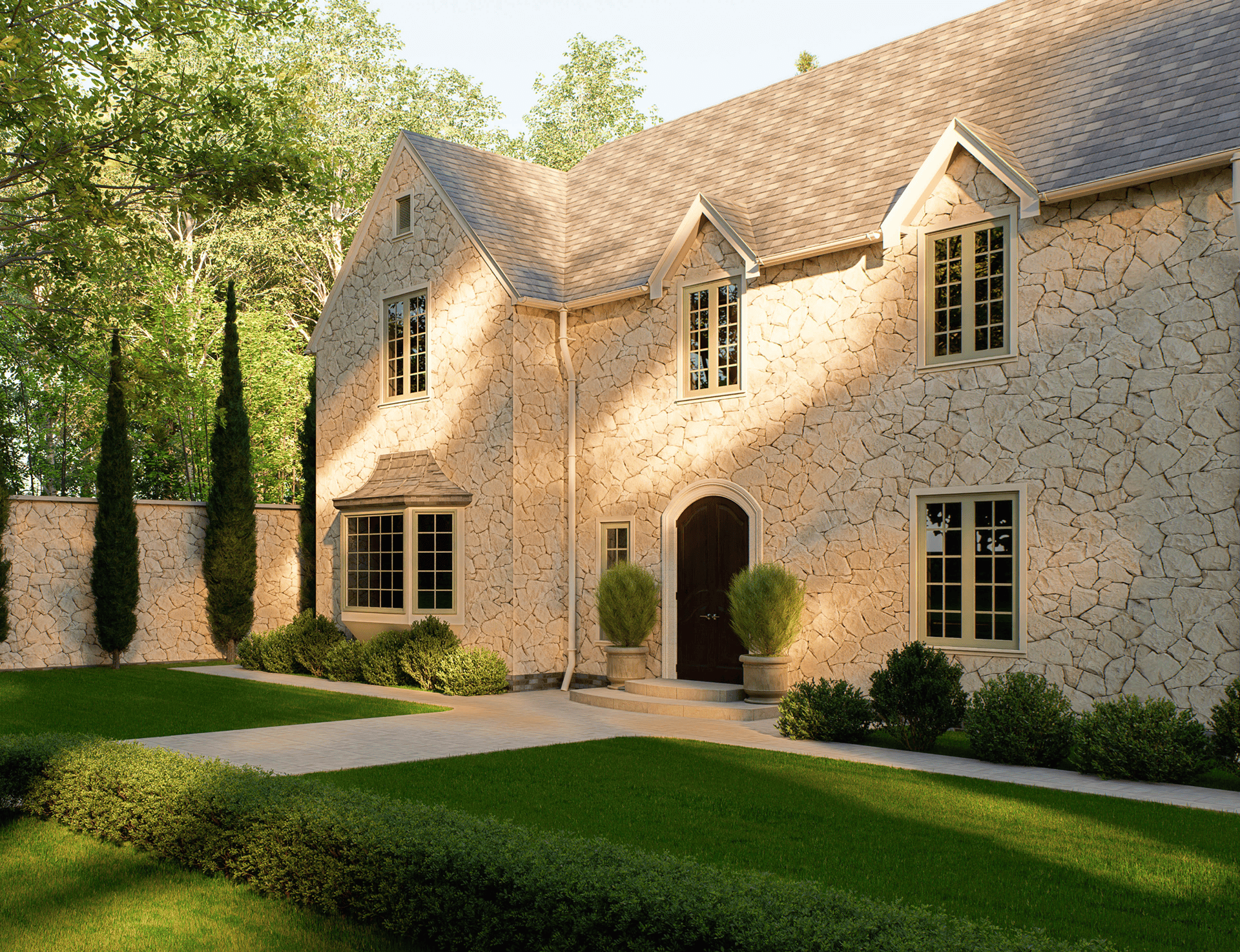 Stone house with lush garden